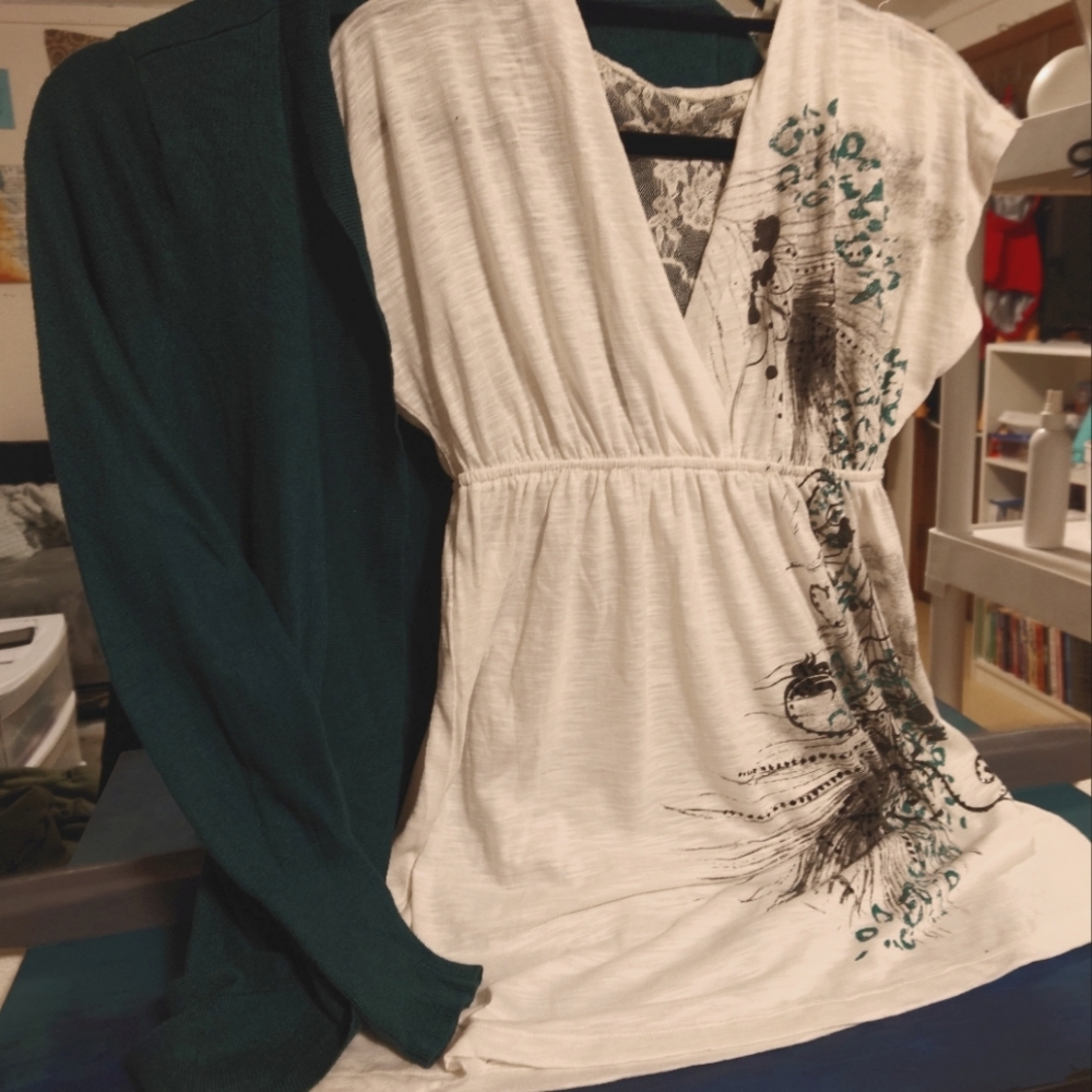Bundle, 2 tips, dark teal cardigan & cream lace back top